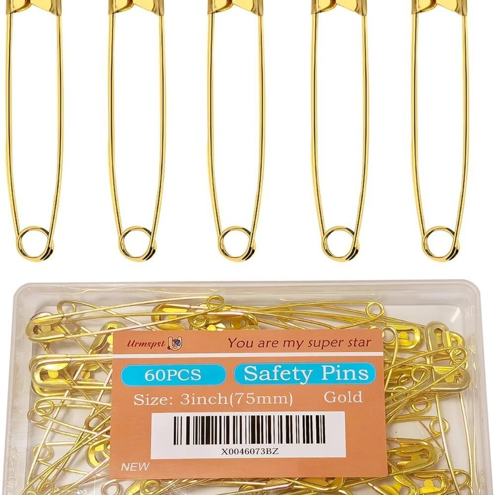 60PCS Safety Pins, 3 inch Large Safety Pins, Rust-Resistant Nickel Plated Steel,